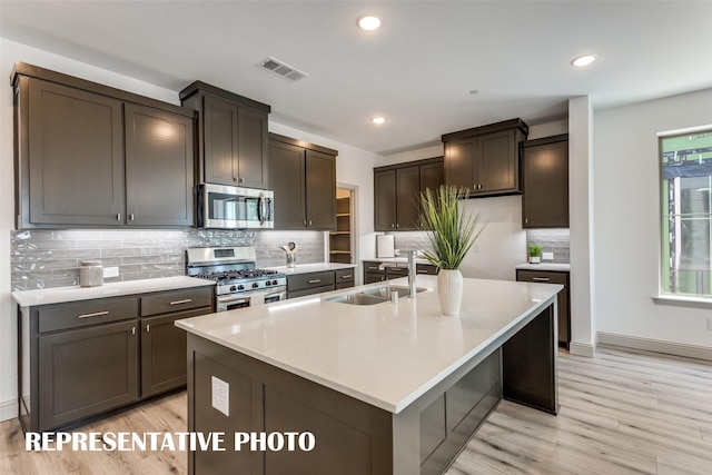 kitchen featuring sink, dark brown cabinets, stainless steel appliances, and an island with sink