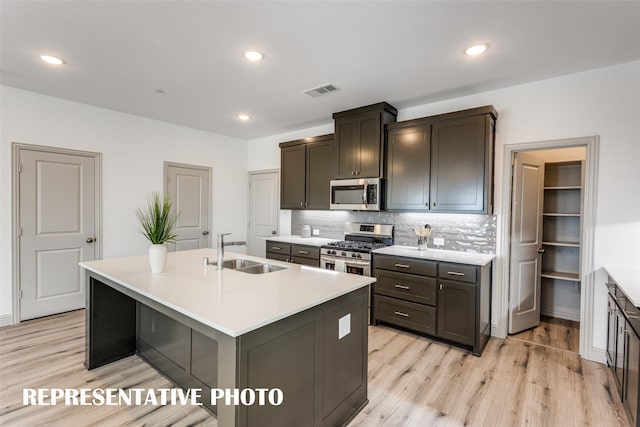 kitchen featuring appliances with stainless steel finishes, an island with sink, sink, decorative backsplash, and light hardwood / wood-style floors