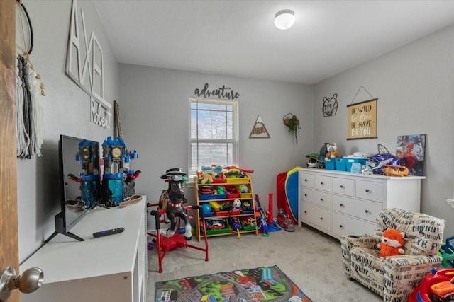 game room with light carpet