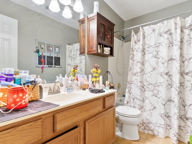 full bathroom with tile patterned flooring, a textured ceiling, toilet, vanity, and shower / tub combo