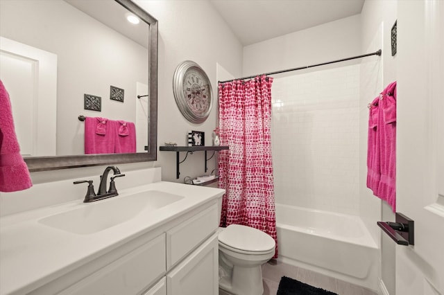 full bathroom featuring tile patterned flooring, vanity, toilet, and shower / bathtub combination with curtain