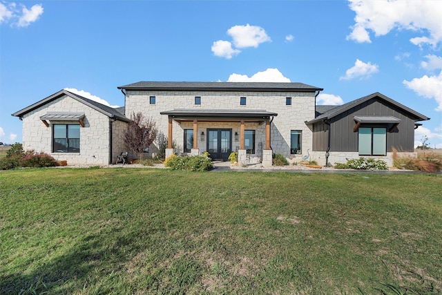 353 Willow Moon Ranch Rd, Crawford, TX 76638 - back of property featuring french doors, stone siding, and a lawn