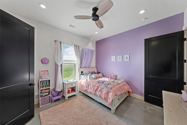 353 Willow Moon Ranch Rd, Crawford, TX 76638 - bedroom with finished concrete floors, baseboards, recessed lighting, and ceiling fan