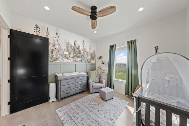 353 Willow Moon Ranch Rd, Crawford, TX 76638 - bedroom with a wainscoted wall, recessed lighting, a ceiling fan, and a decorative wall