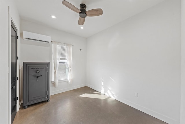 353 Willow Moon Ranch Rd, Crawford, TX 76638 - unfurnished bedroom with an AC wall unit, concrete floors, baseboards, recessed lighting, and a ceiling fan