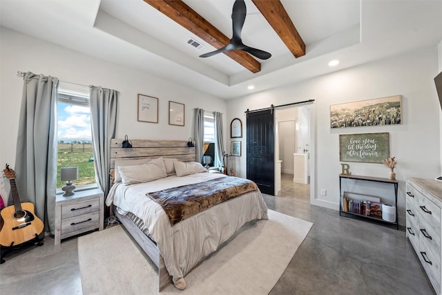 353 Willow Moon Ranch Rd, Crawford, TX 76638 - bedroom with a barn door, finished concrete floors, beam ceiling, a tray ceiling, and recessed lighting