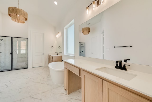 bathroom featuring high vaulted ceiling, vanity, and independent shower and bath