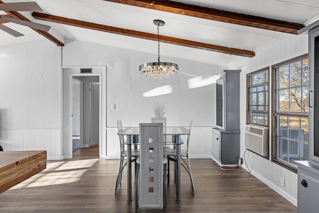 dining area with lofted ceiling with beams, dark hardwood / wood-style floors, an inviting chandelier, and cooling unit