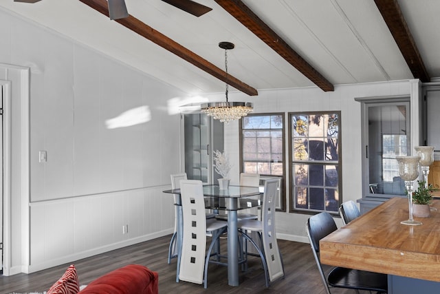 dining area featuring lofted ceiling with beams, dark wood-type flooring, and an inviting chandelier