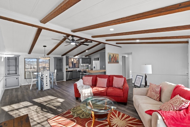 living room featuring vaulted ceiling with beams, dark hardwood / wood-style floors, and ceiling fan