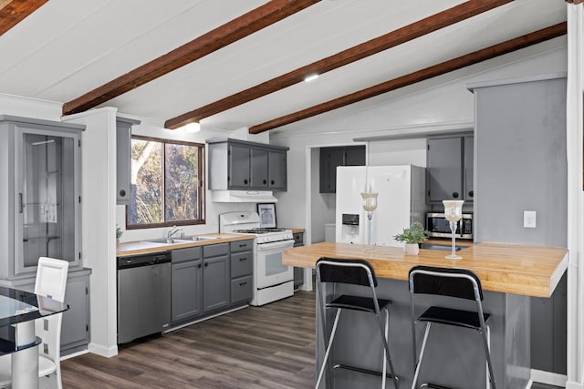 kitchen featuring wooden counters, sink, vaulted ceiling with beams, dark hardwood / wood-style floors, and stainless steel appliances