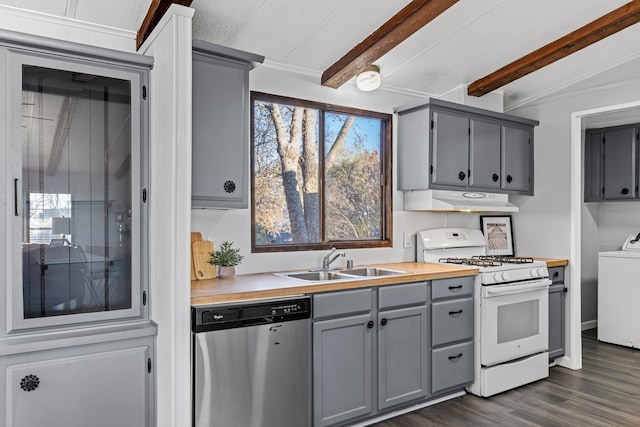 kitchen with dishwasher, sink, lofted ceiling with beams, washer / clothes dryer, and white range with gas cooktop