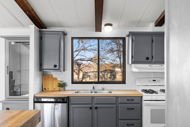 kitchen with wood counters, white range with gas cooktop, sink, dishwasher, and gray cabinets