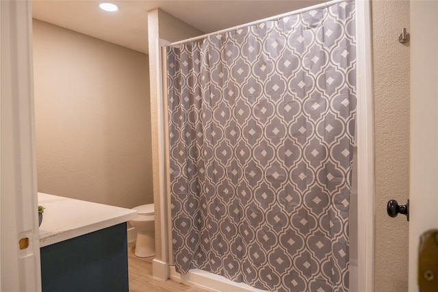 bathroom with wood-type flooring, vanity, and toilet