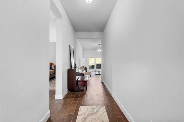 corridor with dark hardwood / wood-style flooring