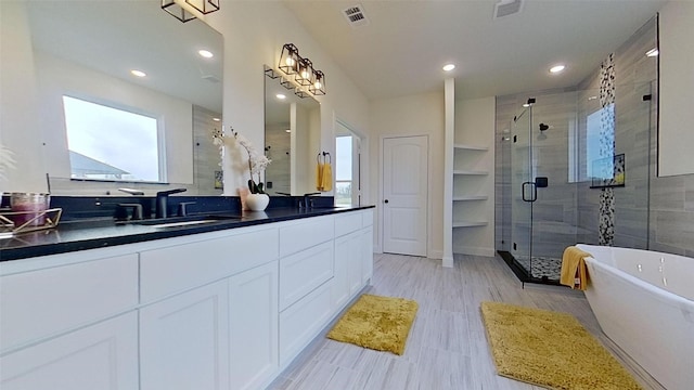 bathroom featuring vanity and plus walk in shower