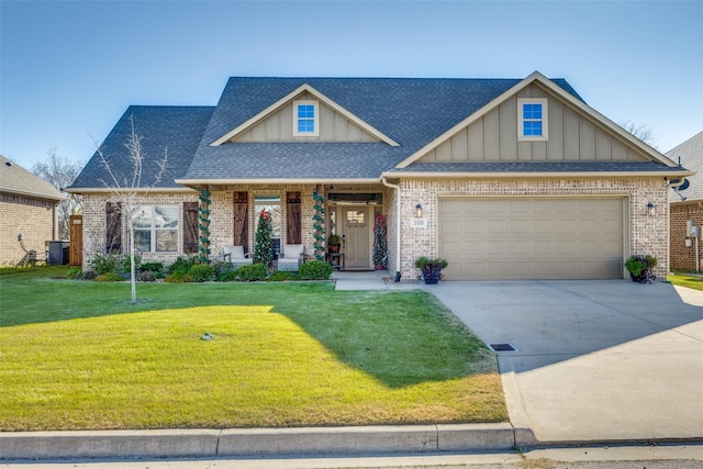 craftsman inspired home with a garage, a front lawn, and cooling unit