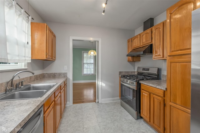 kitchen with a wealth of natural light, light hardwood / wood-style floors, sink, and appliances with stainless steel finishes