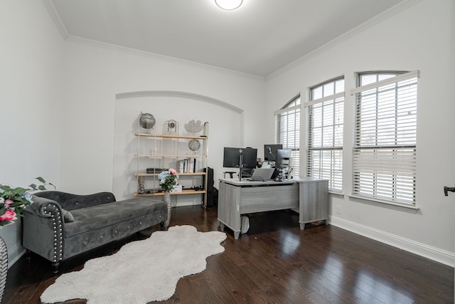 home office with dark hardwood / wood-style flooring and ornamental molding