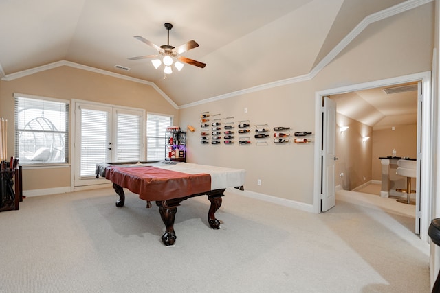 recreation room with light carpet, ornamental molding, vaulted ceiling, and billiards