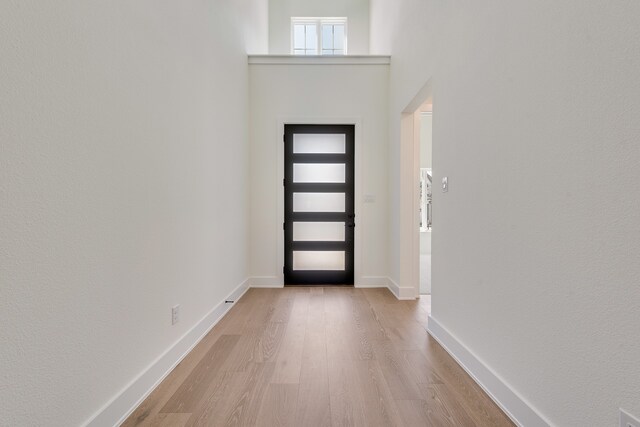 foyer with a towering ceiling and light hardwood / wood-style floors