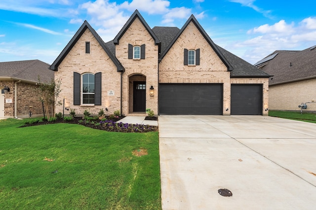 view of front of home with a garage and a front lawn