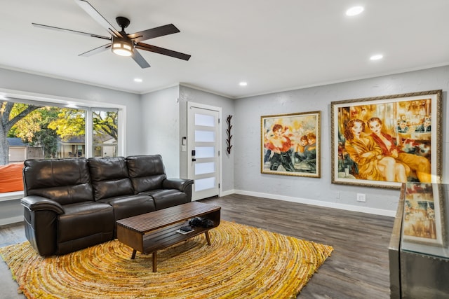 living room featuring dark hardwood / wood-style flooring, ceiling fan, and crown molding