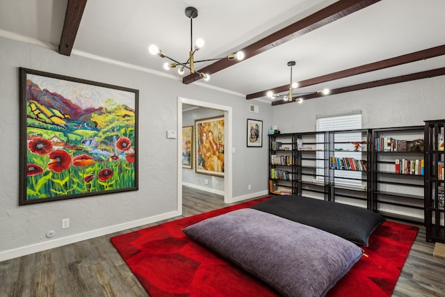 bedroom with crown molding, beamed ceiling, dark wood-type flooring, and an inviting chandelier