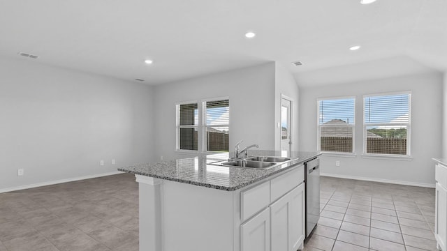 kitchen with stainless steel dishwasher, a kitchen island with sink, plenty of natural light, and sink