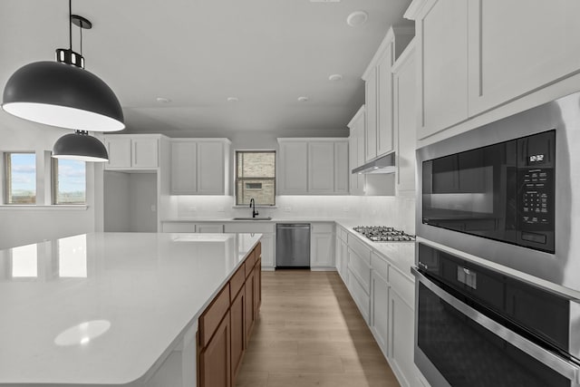 kitchen with backsplash, under cabinet range hood, light wood-style floors, appliances with stainless steel finishes, and a sink