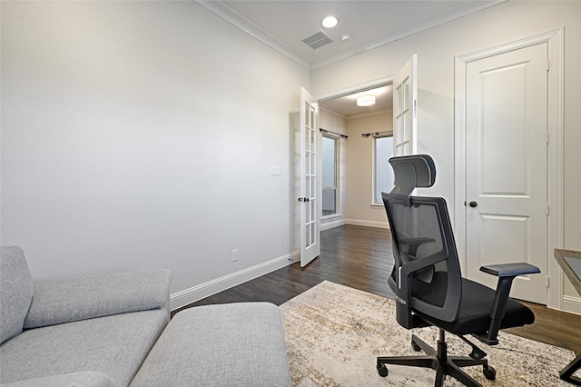 office with french doors, dark hardwood / wood-style flooring, and crown molding