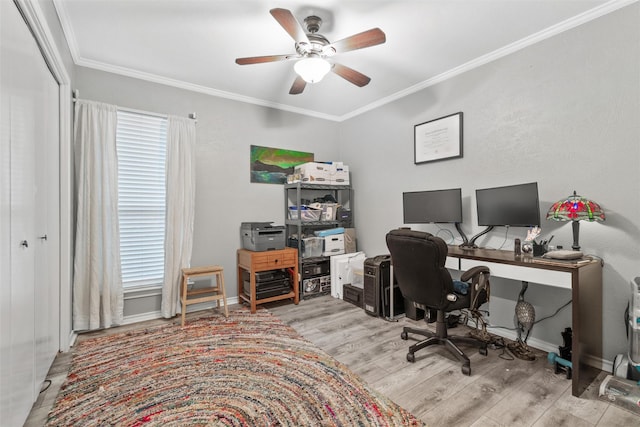 office area with crown molding, ceiling fan, and light wood-type flooring