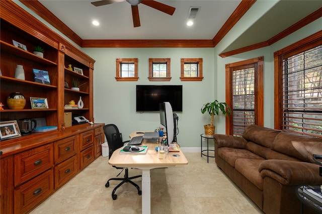 office with crown molding, recessed lighting, visible vents, ceiling fan, and baseboards