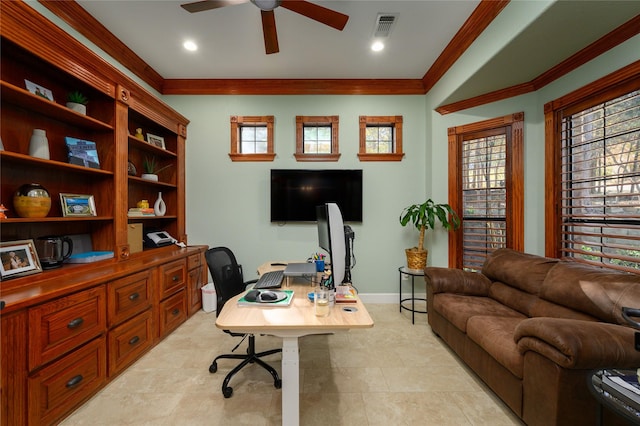 588 Lakepoint Loop, Pottsboro, TX 75076 - home office featuring a ceiling fan and ornamental molding