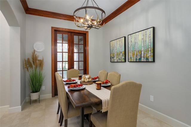 588 Lakepoint Loop, Pottsboro, TX 75076 - dining space with a chandelier, arched walkways, ornamental molding, light tile patterned floors, and french doors