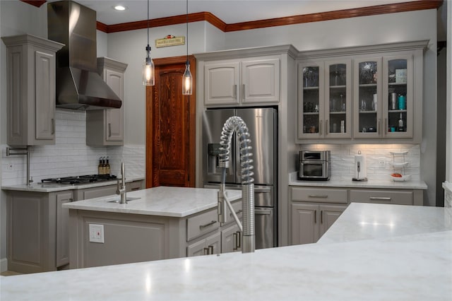 588 Lakepoint Loop, Pottsboro, TX 75076 - kitchen with wall chimney exhaust hood, appliances with stainless steel finishes, ornamental molding, tasteful backsplash, and glass insert cabinets