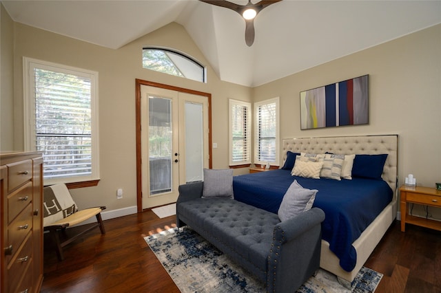 bedroom with access to exterior, french doors, dark wood-style flooring, vaulted ceiling, and baseboards