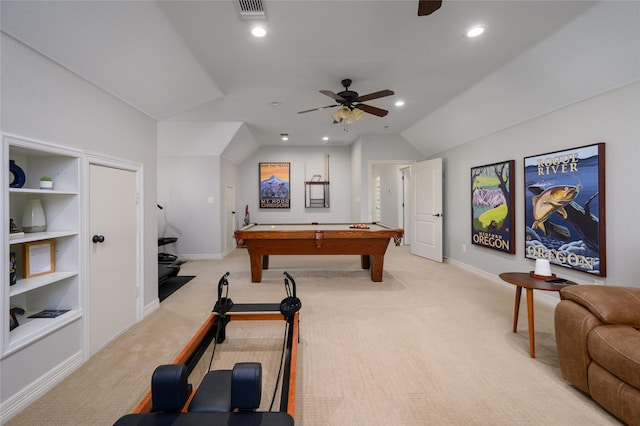 rec room with lofted ceiling, ceiling fan, recessed lighting, light carpet, and visible vents