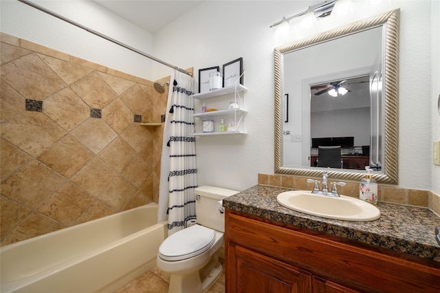 bathroom with shower / tub combo, vanity, and toilet