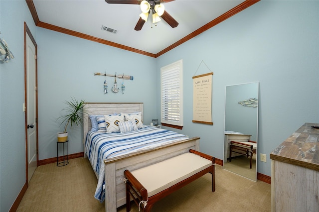 bedroom featuring light carpet, ornamental molding, visible vents, and baseboards