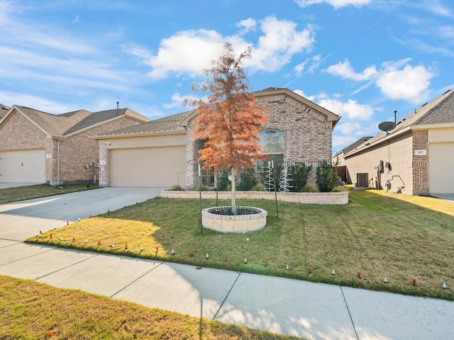 front of property with central AC, a garage, and a front lawn