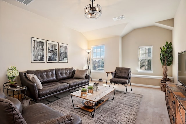 2812 Merry View Ln, Fort Worth, TX 76120 - carpeted living room featuring baseboards, visible vents, and vaulted ceiling