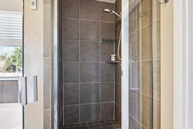 bathroom featuring a shower with door