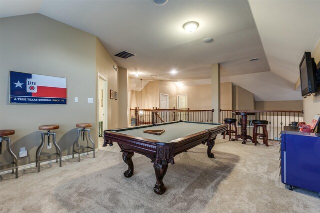 recreation room with carpet flooring, vaulted ceiling, and billiards