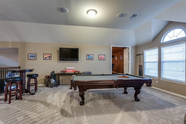 playroom with light colored carpet, pool table, and vaulted ceiling