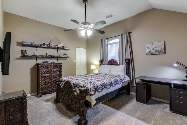 carpeted bedroom featuring ceiling fan and lofted ceiling