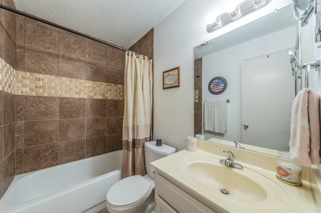 full bathroom featuring shower / bathtub combination with curtain, vanity, toilet, and a textured ceiling