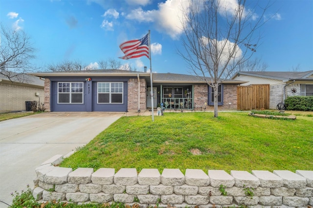 single story home with a front yard and central air condition unit