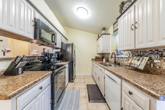 kitchen with white cabinetry, sink, decorative backsplash, and black appliances