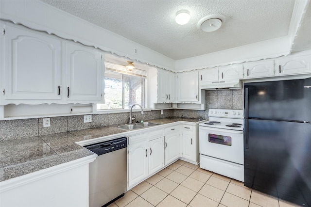 kitchen featuring black refrigerator, stainless steel dishwasher, sink, white electric stove, and white cabinetry